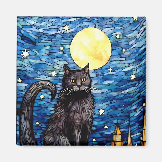 Gestaltetes Glas Black Cat Starry Night Magnet (Vorne)