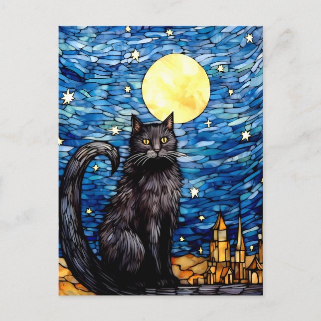 Gestaltetes Glas Black Cat Starry Night Postkarte (Vorderseite)