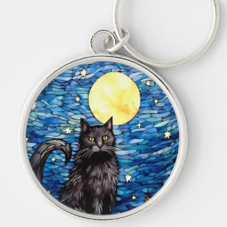 Gestaltetes Glas Black Cat Starry Night Schlüsselanhänger