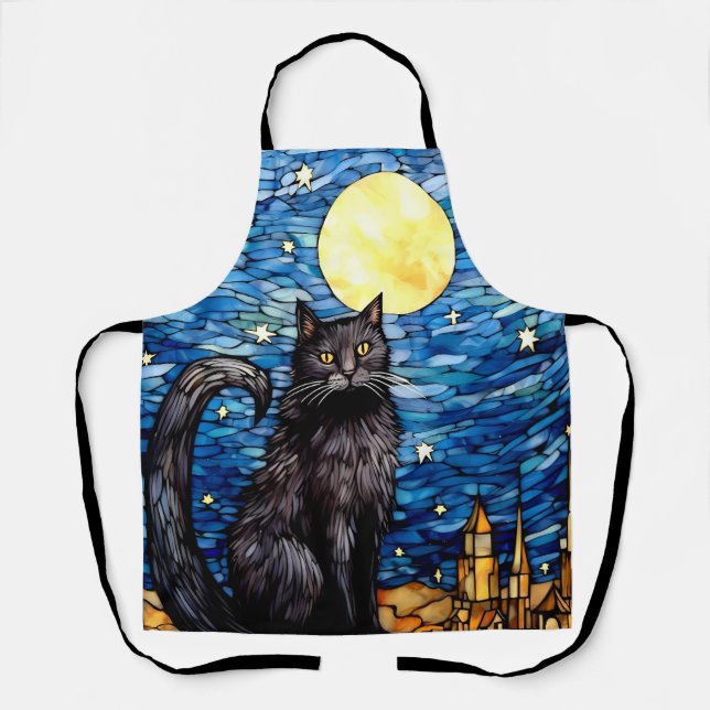 Gestaltetes Glas Black Cat Starry Night Schürze (Vorderseite)