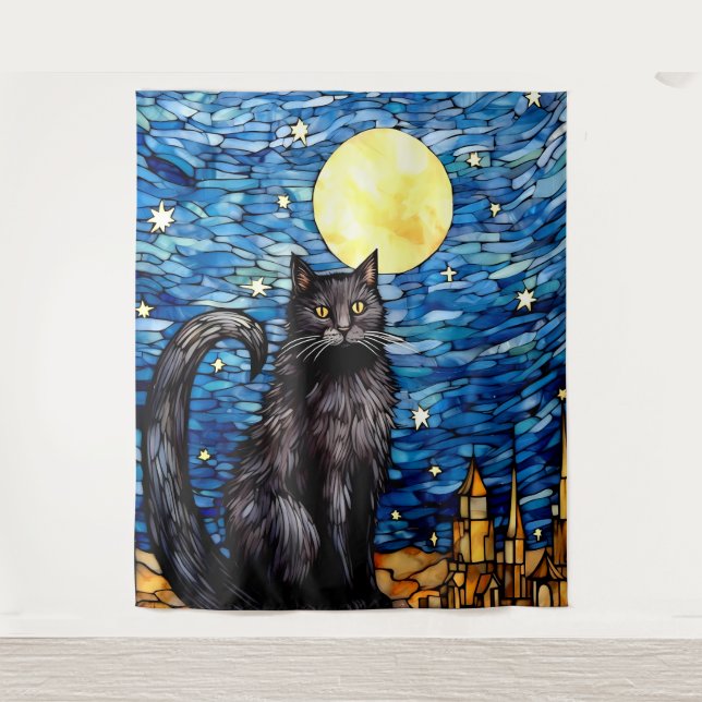 Gestaltetes Glas Black Cat Starry Night Wandteppich (Vorderseite)