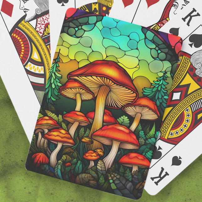 Gestaltetes Glas Rote Pilze Toadstocker Fantasie Spielkarten (Stained glass mushrooms playing cards)