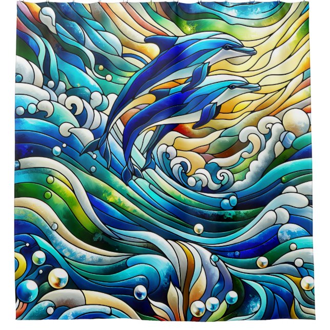 "Gestaltetes Glass Dolphin Delight" Duschvorhang (Vorderseite)