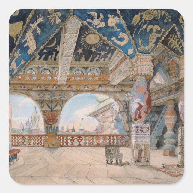 Gestaltung der Bühne für die Oper von Nikolai Rims Quadratischer Aufkleber (Vorderseite)