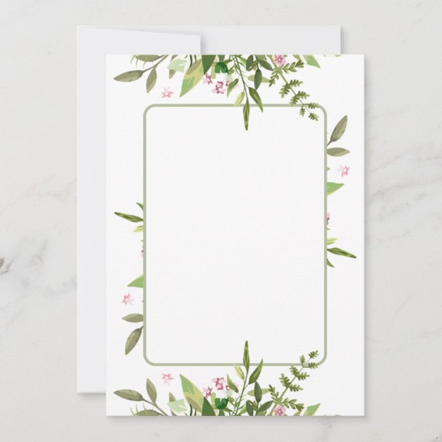 Gestaltung mit olivgrünem Blattspray, rosa Blume Einladung (Vorderseite)