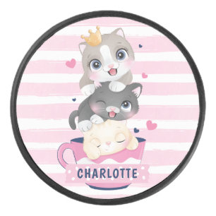 Gestapelte Niedliche Cartoon Katzen Rosa Streifen Eishockey Puck