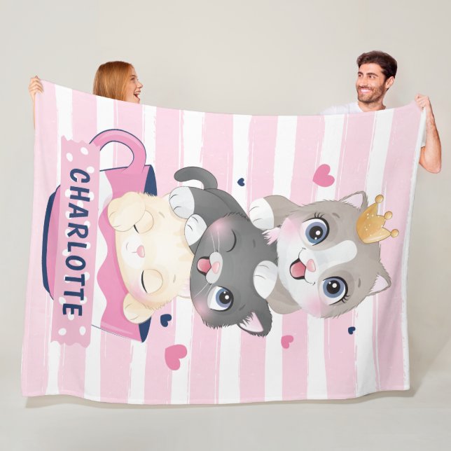 Gestapelte Niedliche Cartoon Katzen Rosa Streifen Fleecedecke (Beispiel)