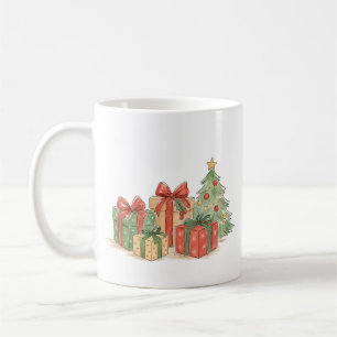 Gestapelte Weihnachtsgeschenke mit Baum als Feiert Kaffeetasse