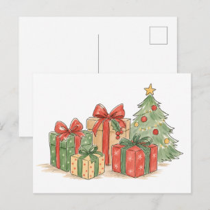 Gestapelte Weihnachtsgeschenke mit Baum als Feiert Postkarte