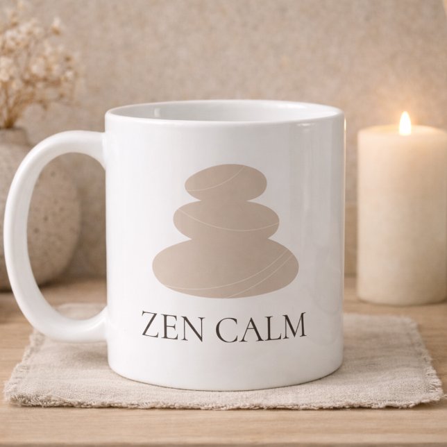 Gestapelter Stein Ruhig Klassischer Becher, 11 oz Kaffeetasse (White ceramic design with stacked stone icon and refined Zen Calm lettering.)