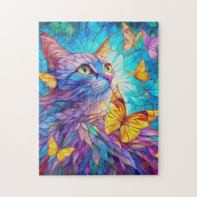 Gesteinigte Glaskatze 730 blaue gelbe Schmetterlin Puzzle (Vertikal)