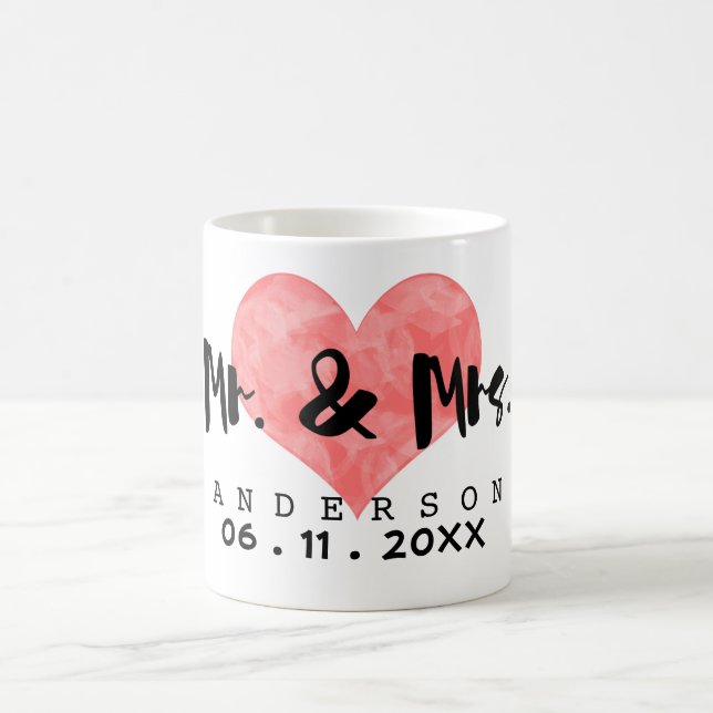 Gestempelter Herz-Herr u. Frau Wedding Date Kaffeetasse (Mittel)