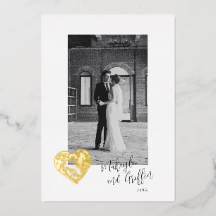 Gestempeltes Herz in Gold mit Hochzeitsfoto Danke Folieneinladung