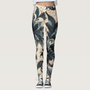 gesteppte Creme und blaue Blütenmuster Leggings
