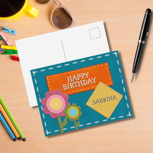 Gestickte blaue Stoffblume Alles Gute zum Geburtst Postkarte