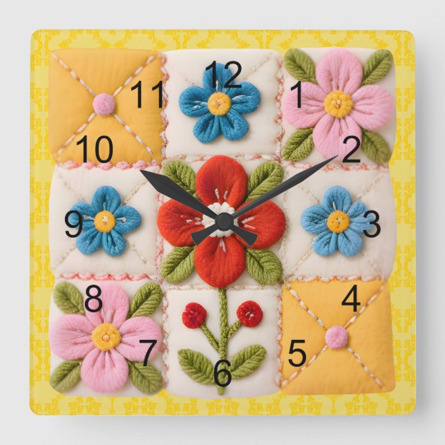 Gestickte Blumen-Patchwork-Quilt Quadratische Wanduhr (Vorderseite)