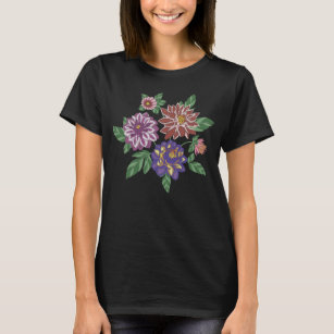 Gestickte Dahlie-Blumen T-Shirt