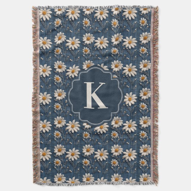 Gestickte Daisy-Denim-Decke | Monogramm Decke (Vorderseite Vertikal)