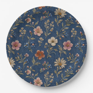 Gestickte einfache Wildblumen auf Jeanshintergrund Pappteller