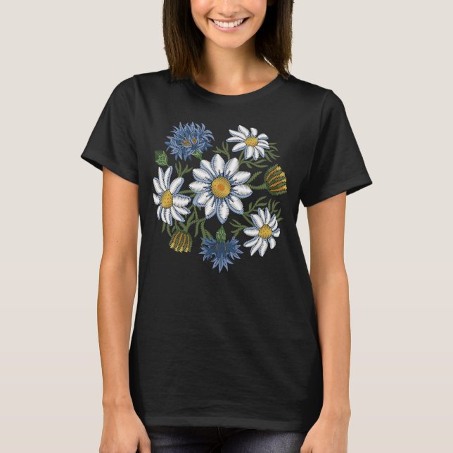 Gestickte GänseblümchenBlumen und Cornflowers T-Shirt (Vorderseite)