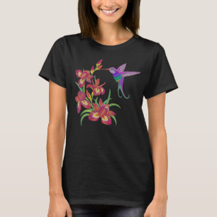 Gestickte Kolibri-und Iris-Blumen T-Shirt
