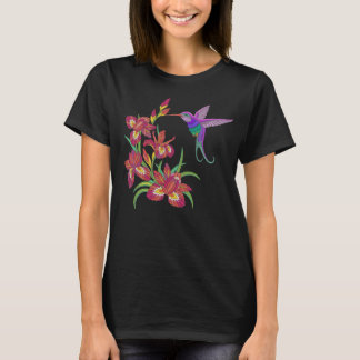 Gestickte Kolibri-und Iris-Blumen T-Shirt