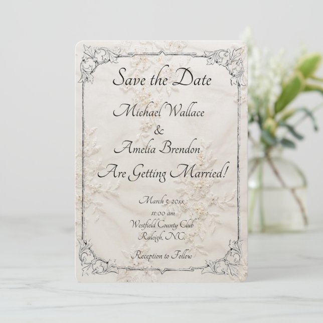 Gestickte Spitzen-Hochzeit-Save-the-Date-Karte Save The Date (Stehend Vorderseite)