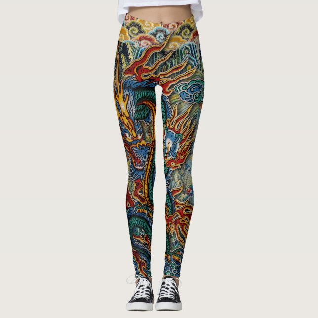 Gestickter brennender chinesischer Drache Leggings (Vorderseite)