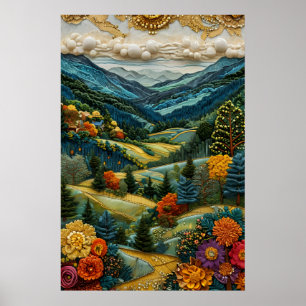 Gestickter Stil Bergtal Lebendige Blumenpracht Poster
