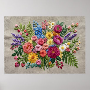 Gestickter Wildblumenstrauß Florale Kunst Poster