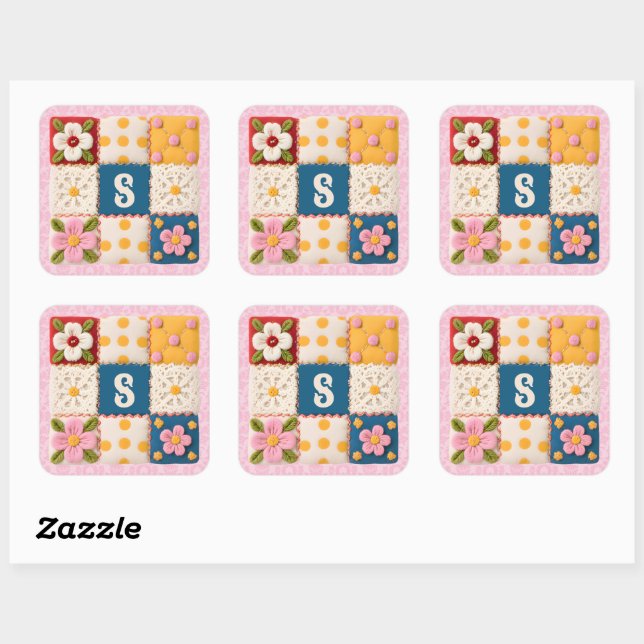 Gesticktes Blumen-Patchwork-Quilt-Monogramm Quadratischer Aufkleber (Blatt)