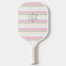Gestreift Rosa Gelb Grün Weiß Hellbraun Monogramm Pickleball Schläger
