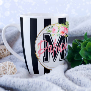 gestreift schwarz-weiß rosa Blumendekoration Kaffeetasse