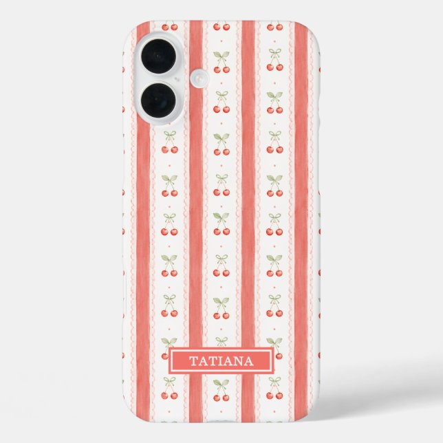 Gestreifte Aquarell-Kirschen Monogramm Case-Mate iPhone Hülle (Rückseite)