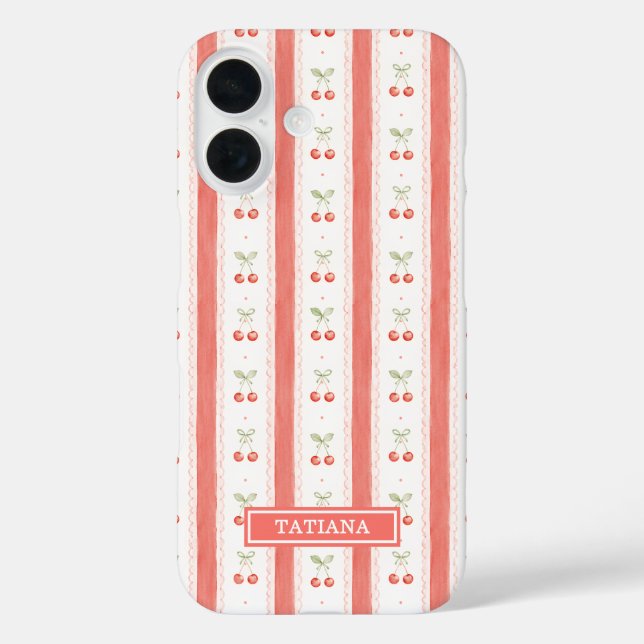 Gestreifte Aquarell-Kirschen Monogramm Case-Mate iPhone Hülle (Rückseite)