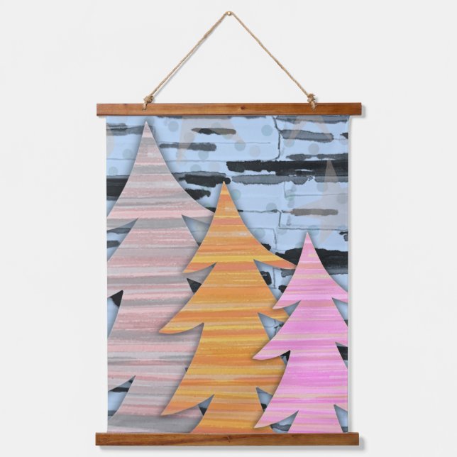 Gestreifte Bäume Winterlandschaftsszene Wandteppich Mit Holzrahmen (Vorderseite)