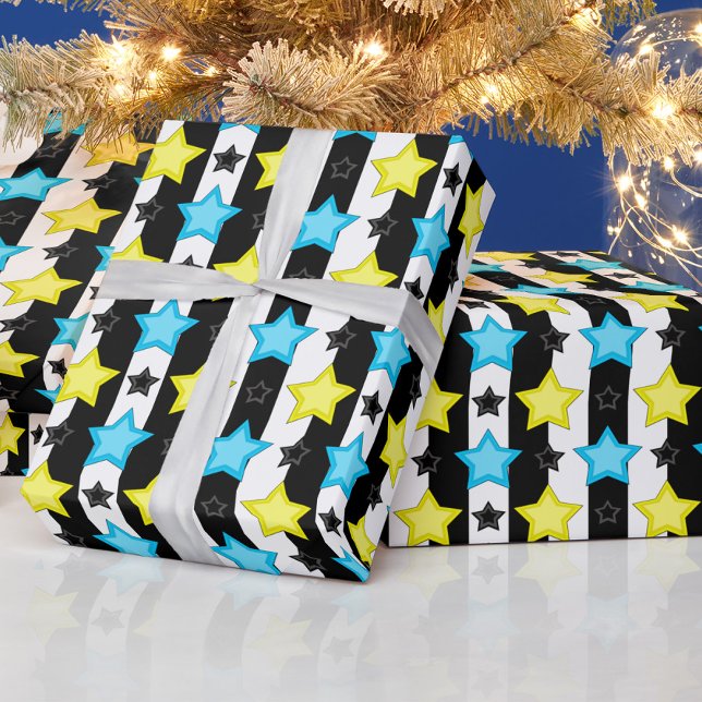 Gestreifte blaue gelbe Sternmusterdesign  Geschenkpapier (Von Creator hochgeladen)