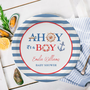 Gestreifte Blaue Rote Nautilsche Ahoy Jungen Babyp Pappteller