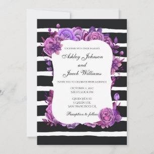 Gestreifte Hochzeitseinladung modern. Lila Blumen Einladung