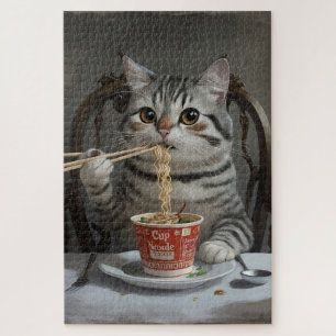 Gestreifte Katze genießt Cup Nudeln Puzzle