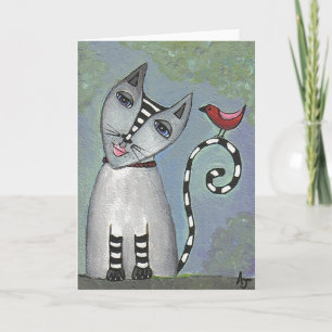 Gestreifte Katze u. roter Vogel - Gruß-Karte Karte