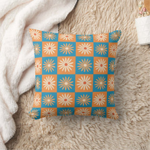 Gestreifte Margerite auf blauem und orangem Schach Kissen