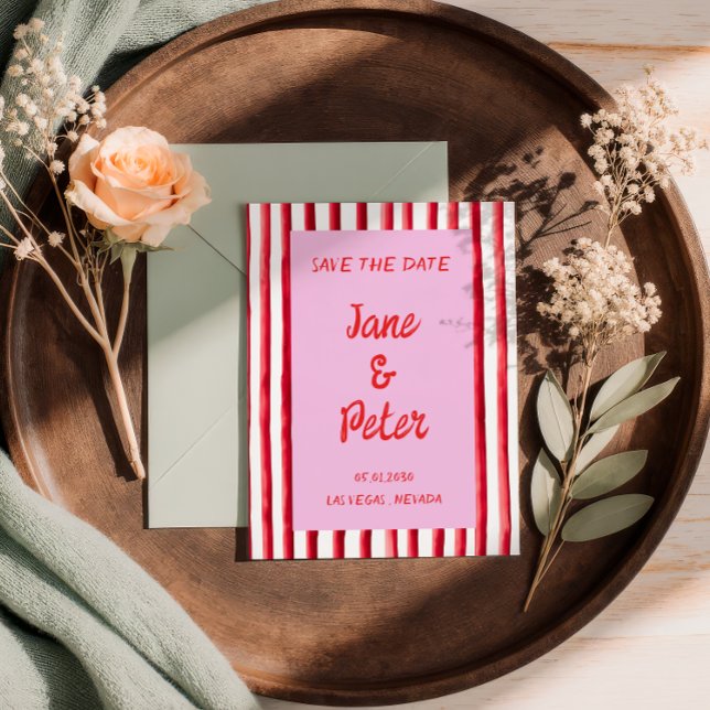 Gestreifte rosa und rote Handschrift Save the Date (Von Creator hochgeladen)