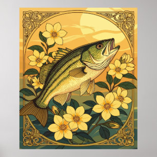 Gestreifter Bass Rockfish und Gelbe Jasminblüten Poster