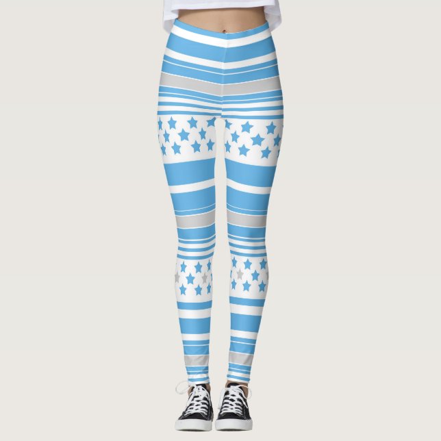 Gestreifter himmelblauer Sternenhimmel Leggings (Vorderseite)