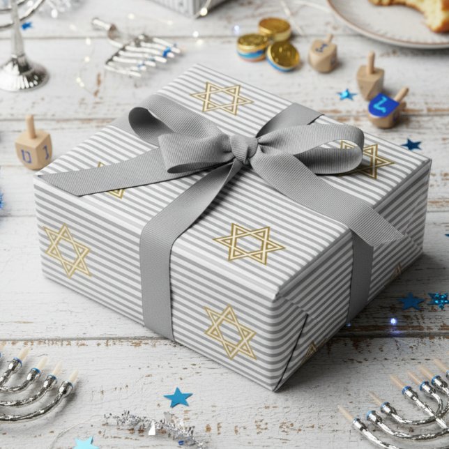 Gestreifter Klassiker Silberner Jüdischer Davidste Geschenkpapier (Chic Jewish Star of David Striped Light Silver & White Pattern for Hanukkah, Bar Mitzvah, Mazel Tov)