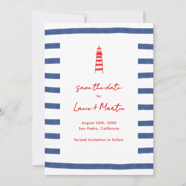 Gestreifter Leuchtturm Rot Blau Ostküste Save The Date (Vorderseite)