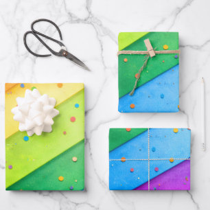 Gestreifter Regenbogen mit Konfetti Geschenkpapier Set