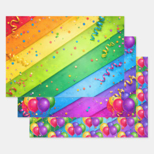 Gestreifter Regenbogen mit Konfetti Geschenkpapier Set