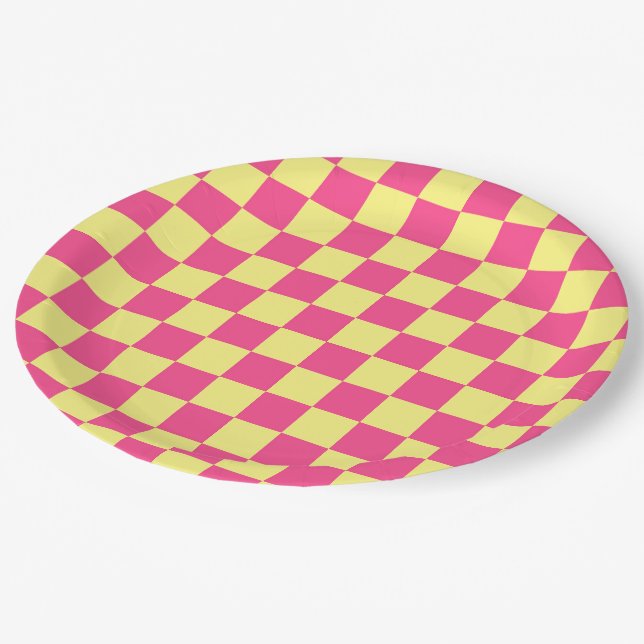 Gestreifter rosa und gelber Druck Pappteller (Schrägansicht)